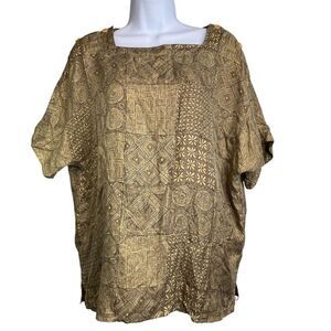 Vintage Diane Gilman Women’s Brown Patchwork Silk Blouse Size M Retro 70’s Vibes